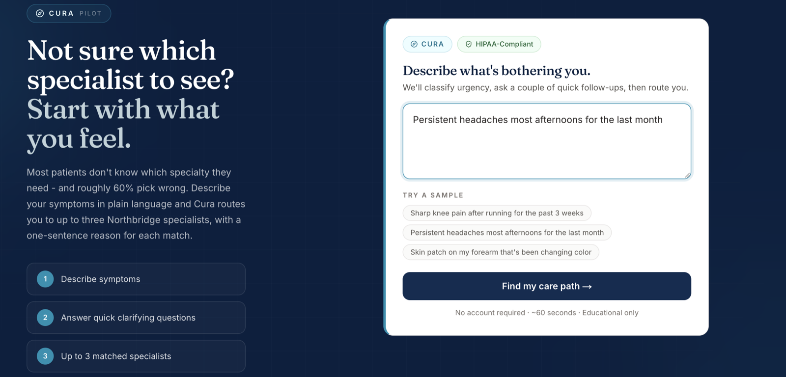 Symptom intake on Northbridge Medical
