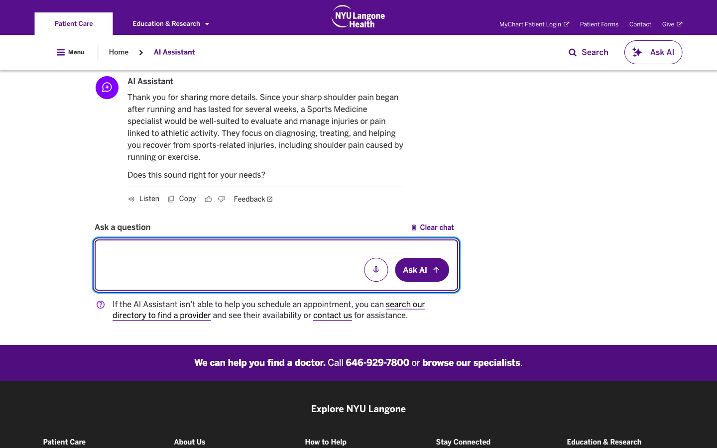 NYU Langone's AI Assistant, after being asked to book an appointment, deferring to a phone number and separate provider search